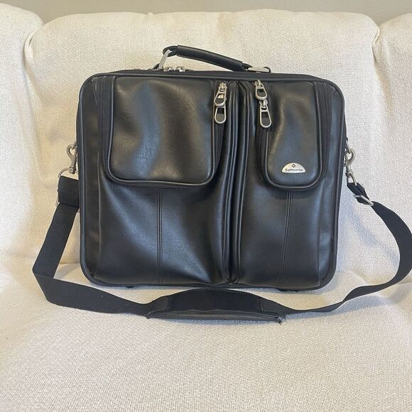 Samsonite LEATHER Briefcase Suitcase Shoulder Carry On Travel Laptop Business Bl - Picture 1 of 12